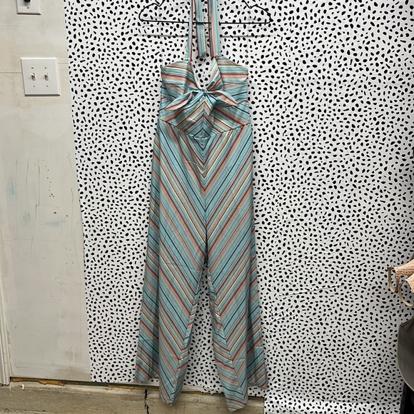 Unique Vintage Blue Striped Halter Jumpsuit - Picture 3 of 8